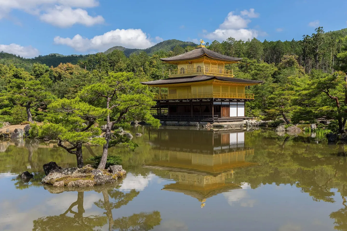 金閣寺倒映在池面，四周是樹林