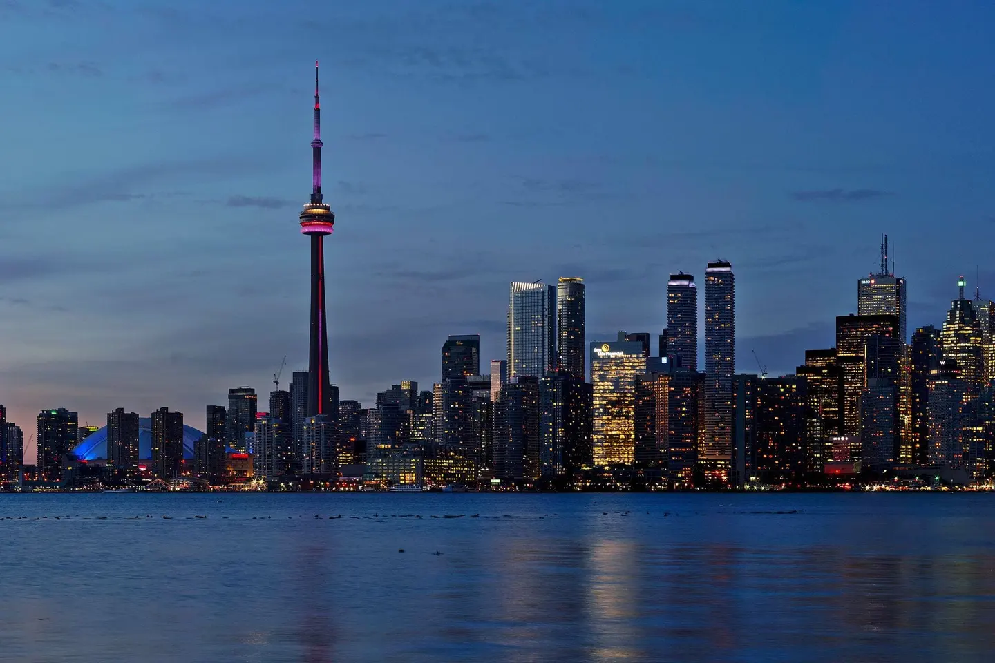 Picture of the Toronto skyline at sunset taken from the Snake Islands of the Toronto Islands. This is a crop of a la